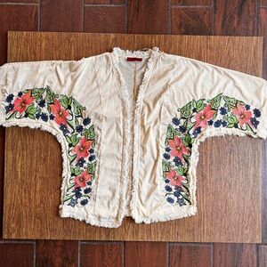 SIGNATURE8 Ecru Tassel Trim Open Front Short Kimono Top Embroidered‎ Flowers S